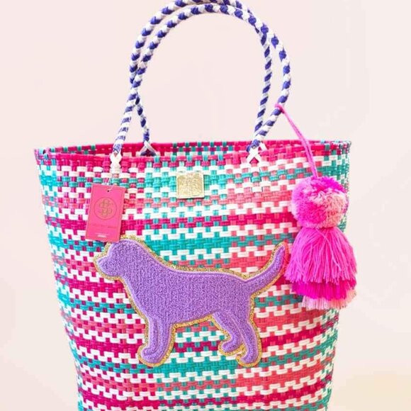 NWT Simply Southern Woven Purple Puppy Pink Pom Pom Big Tote - Picture 2 of 8